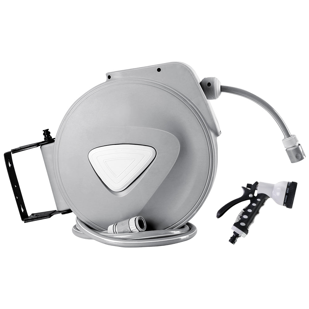 10m Retractable Garden Hose Reel Auto Rewind Spray Gun Grey