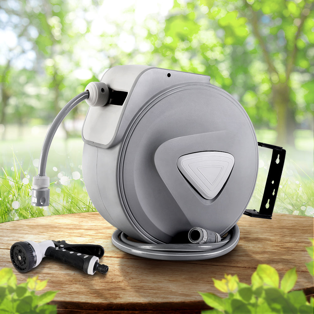 10m Retractable Garden Hose Reel Auto Rewind Spray Gun Grey