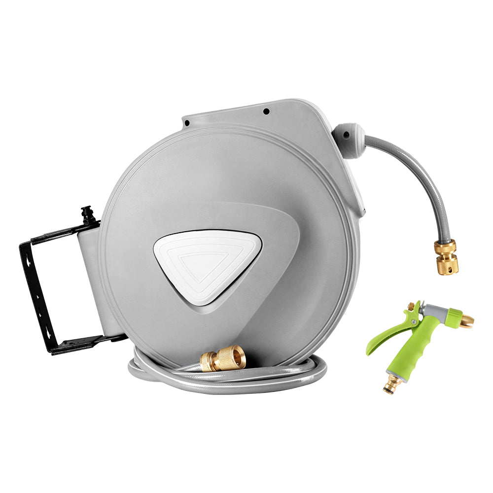 Green Fingers 20m Retractable Hose Reel Auto Rewind Garden Brass Spray Gun