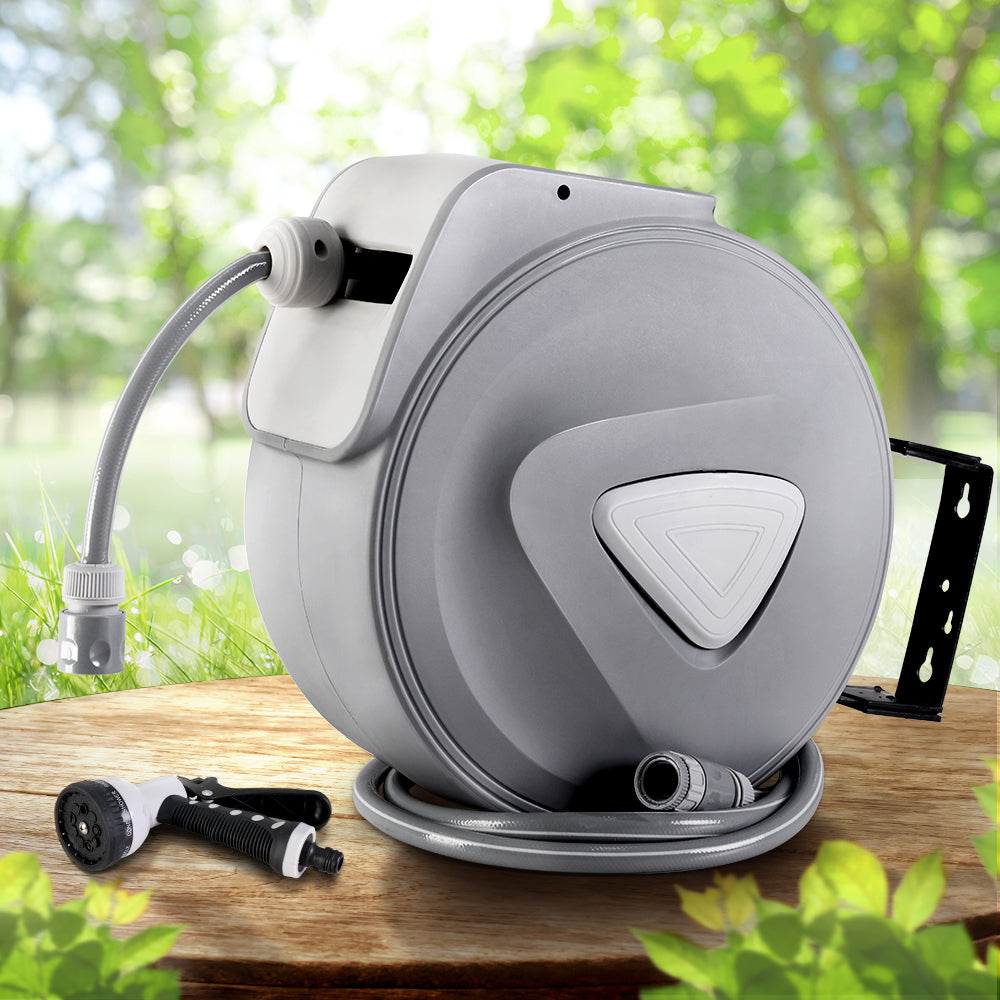 20m Retractable Hose Reel Auto Rewind Spray Gun Garden Grey