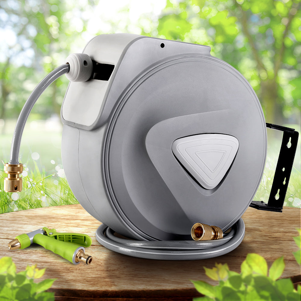 30m Retractable Garden Hose Reel Auto Rewind Brass Spray Gun