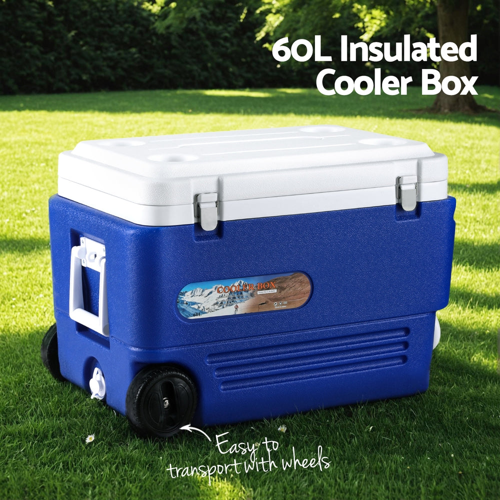 Glacio 60L Portable Ice Cooler Box Wheels Blue