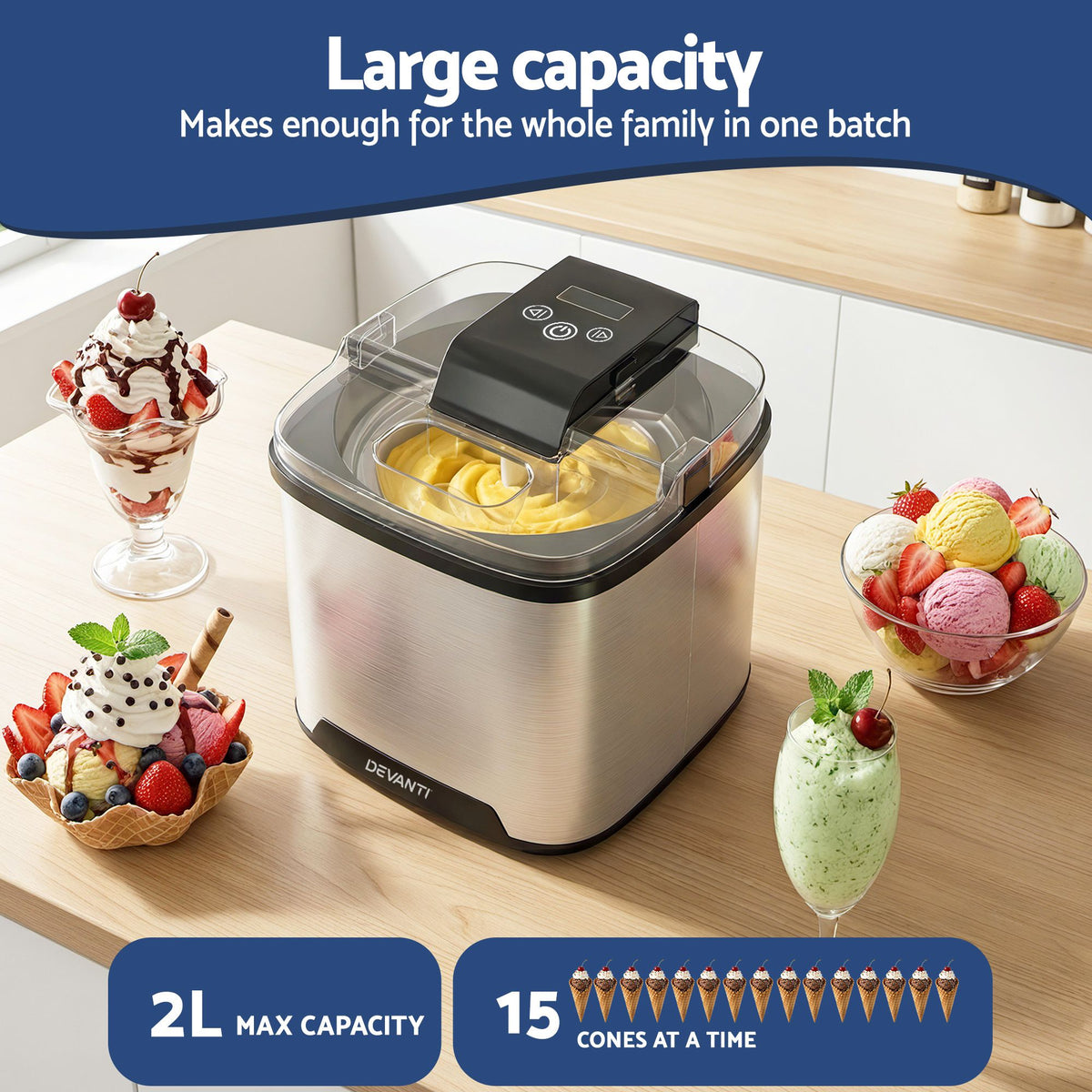 Devanti Ice Cream Maker 2L Frozen Dessert Machine Sliver