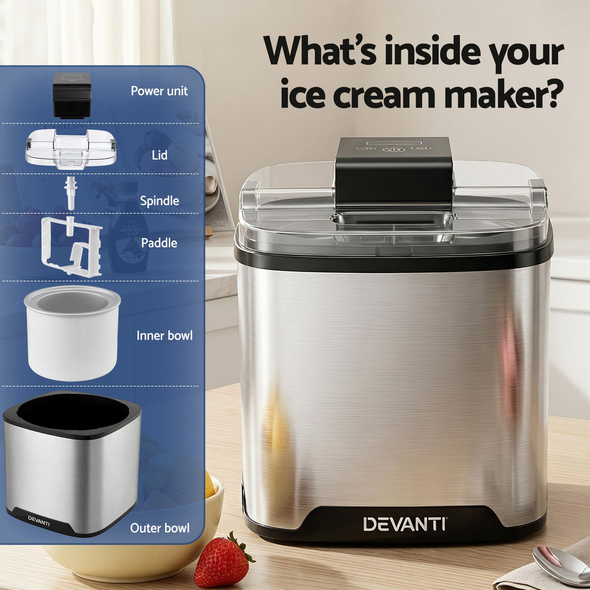Devanti Ice Cream Maker 2L Frozen Dessert Machine Sliver