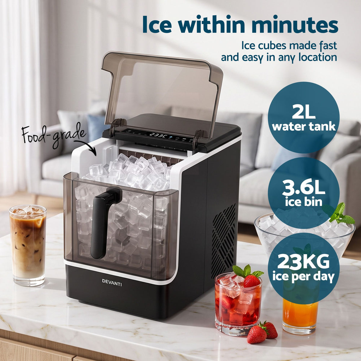 Devanti Portable Ice Maker 23kg Square Cube Black