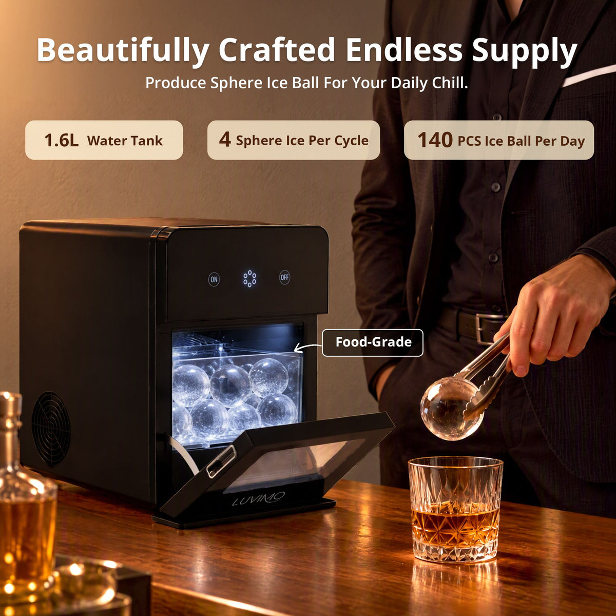 LUVIMO Sphere Ice Maker Machine 50mm Ice Ball 140pcs/day for Home Whiskey Wine