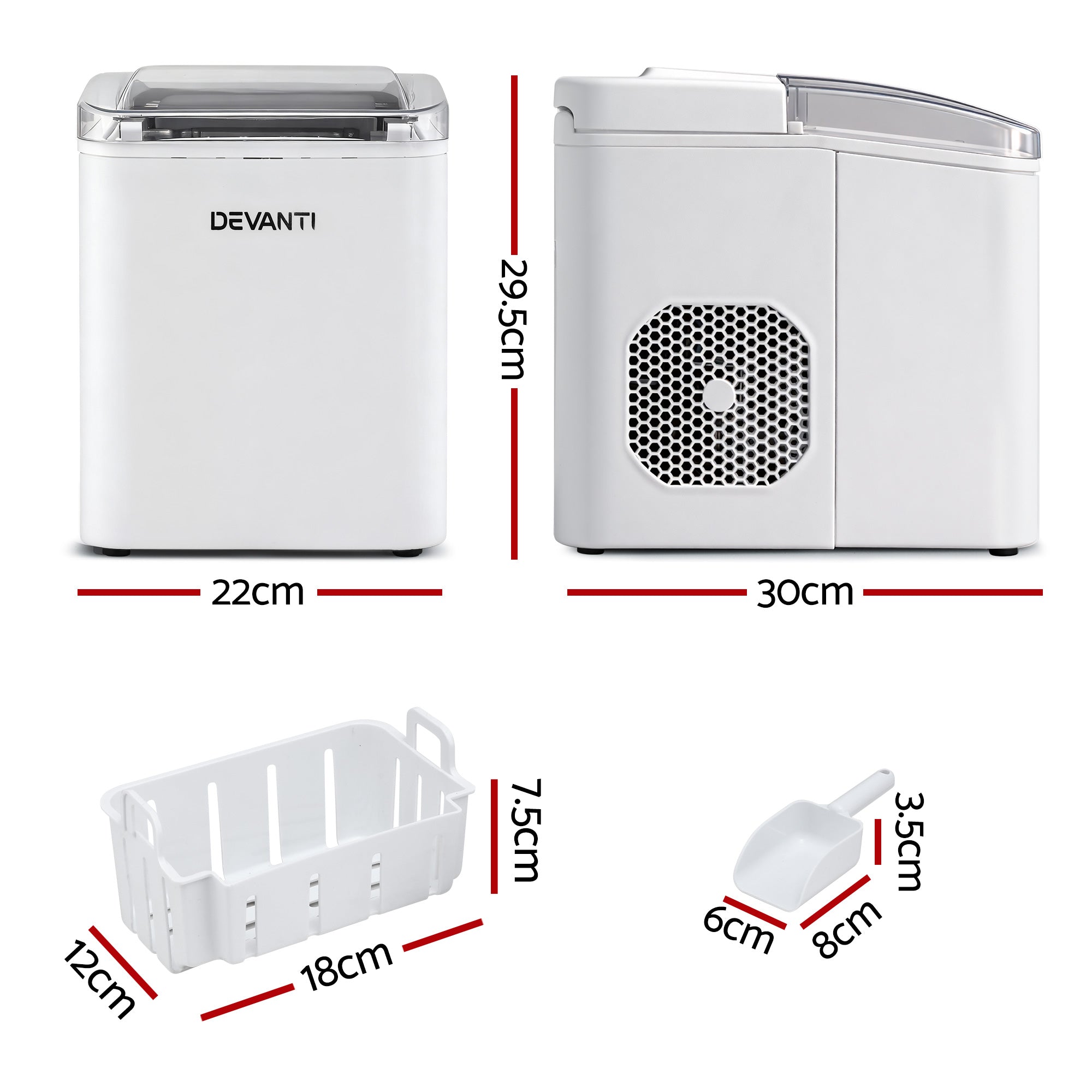 Devanti Ice Maker Machine Portable 12kg Countertop w/Self Cleaning 1.2L White