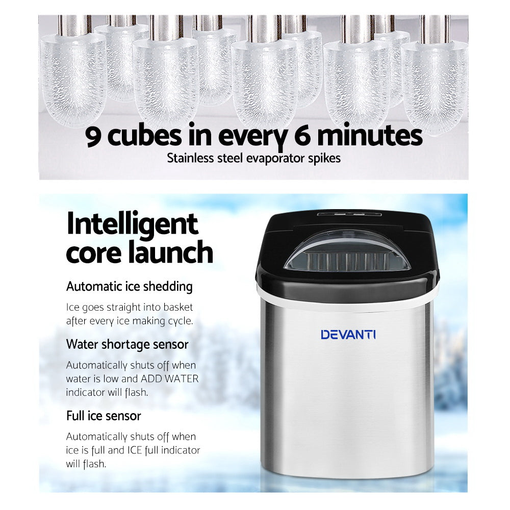Devanti 2.4L Portable Ice Cube Maker Stainless Steel Silver