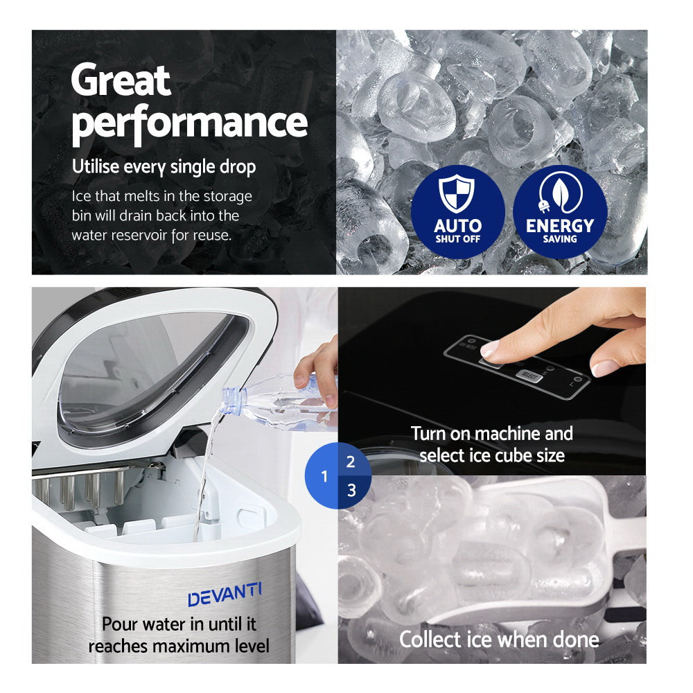 Devanti 2.4L Portable Ice Cube Maker Stainless Steel Silver
