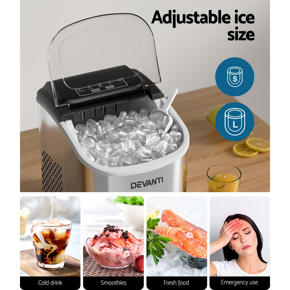 Devanti 12kg Ice Maker Machine Self-Cleaning Silver
