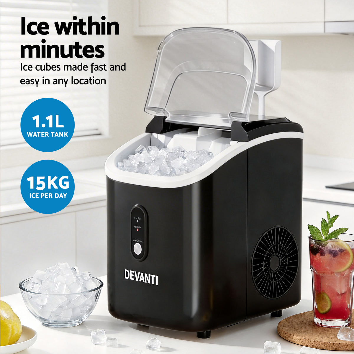 Devanti Nugget Ice Maker Machine 15kg Per Day Countertop