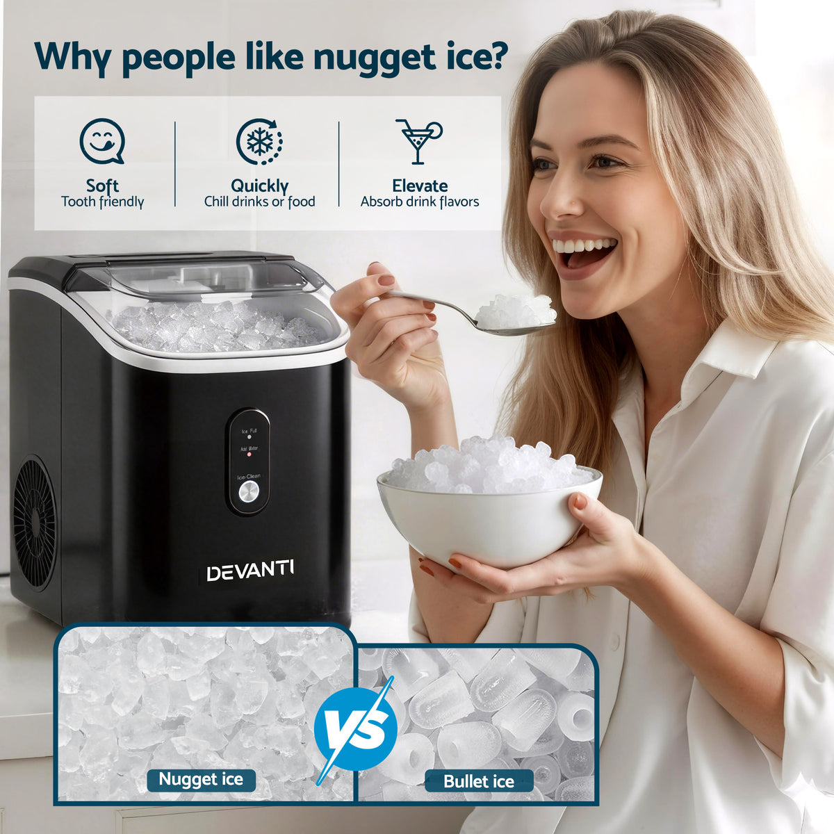 Devanti Nugget Ice Maker Machine 15kg Per Day Countertop