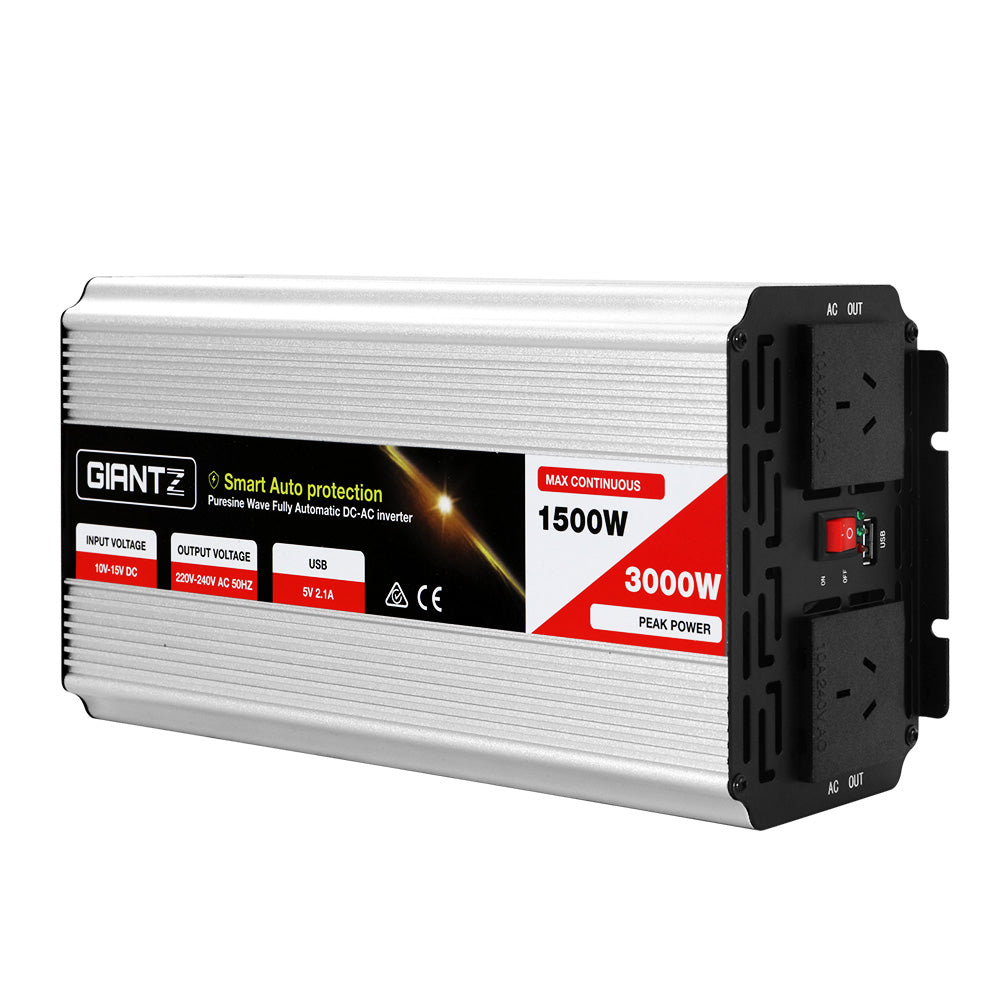 Giantz 1500W Pure Sine Wave Power Inverter Dual 240V Sockets USB