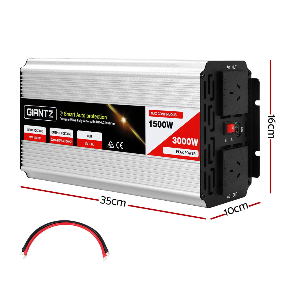 Giantz 1500W Pure Sine Wave Power Inverter Dual 240V Sockets USB