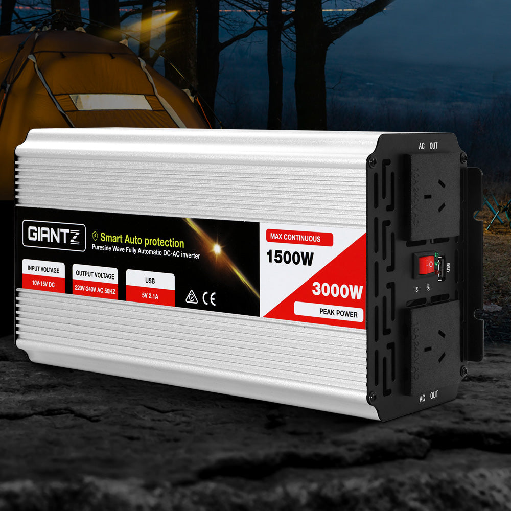 Giantz 1500W Pure Sine Wave Power Inverter Dual 240V Sockets USB