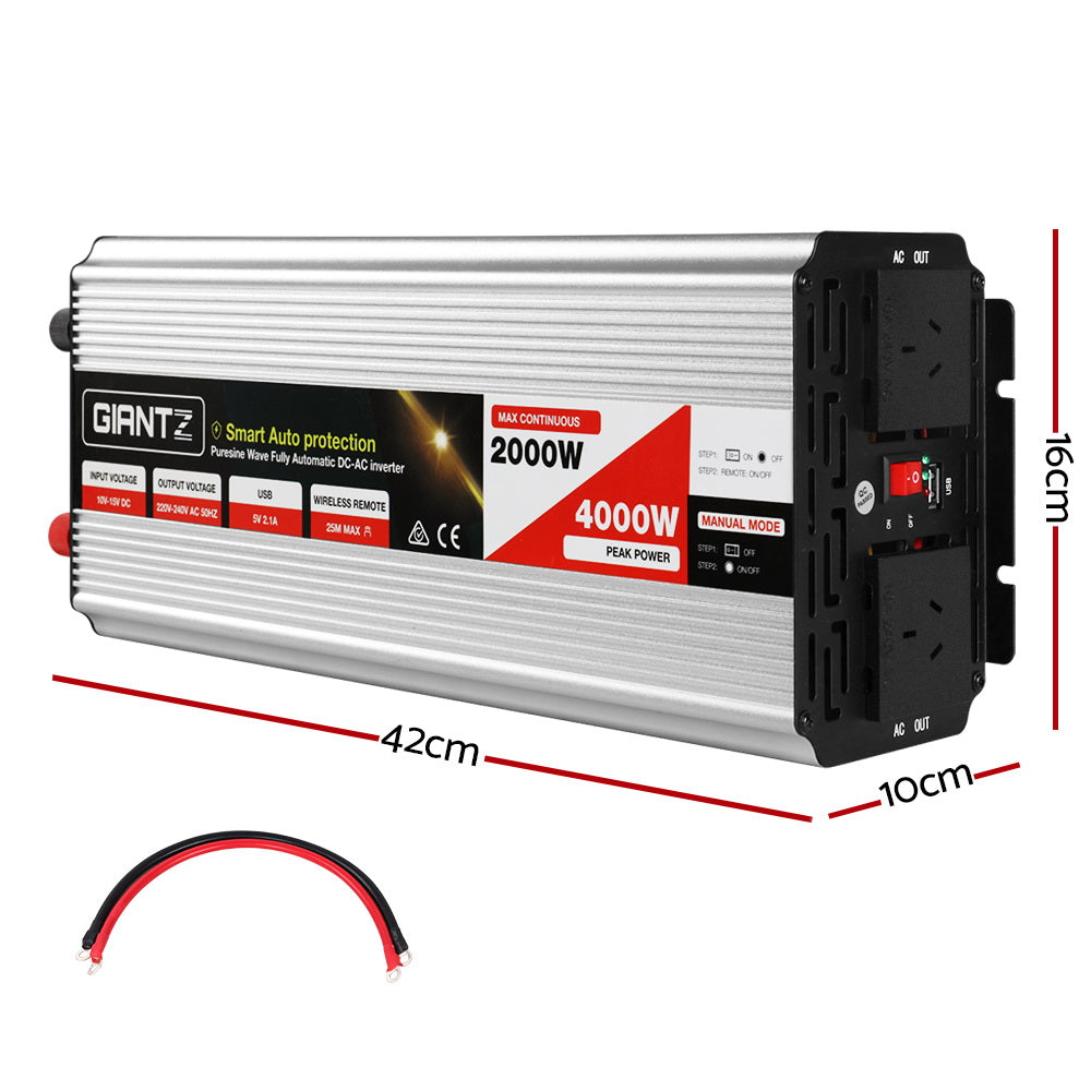 Giantz Pure Sine Wave Inverter 2000W/4000W 12V-240V Camping Caravan Boat