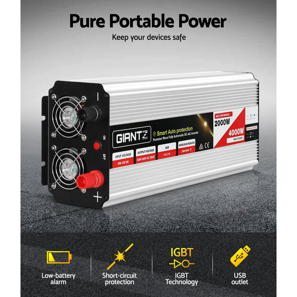 Giantz Pure Sine Wave Inverter 2000W/4000W 12V-240V Camping Caravan Boat