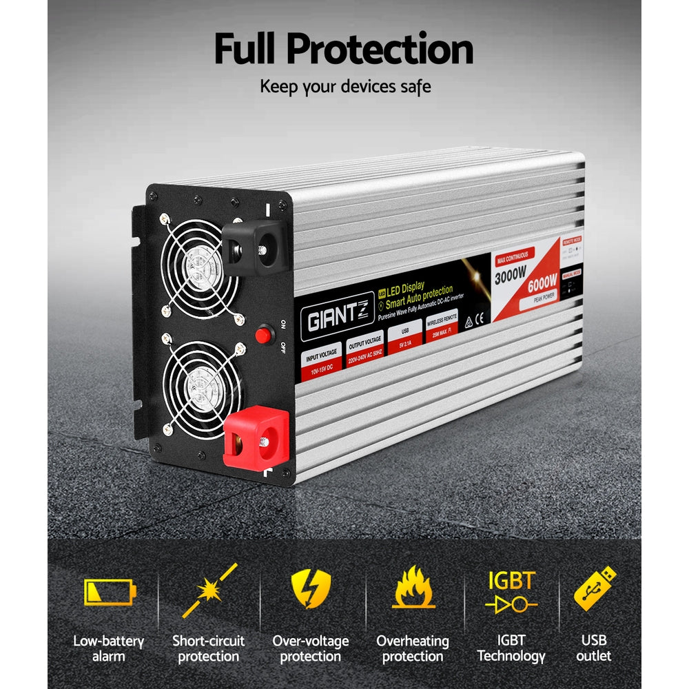 Giantz 3000W/6000W Pure Sine Wave Inverter 12V-240V Camping Caravan Boat