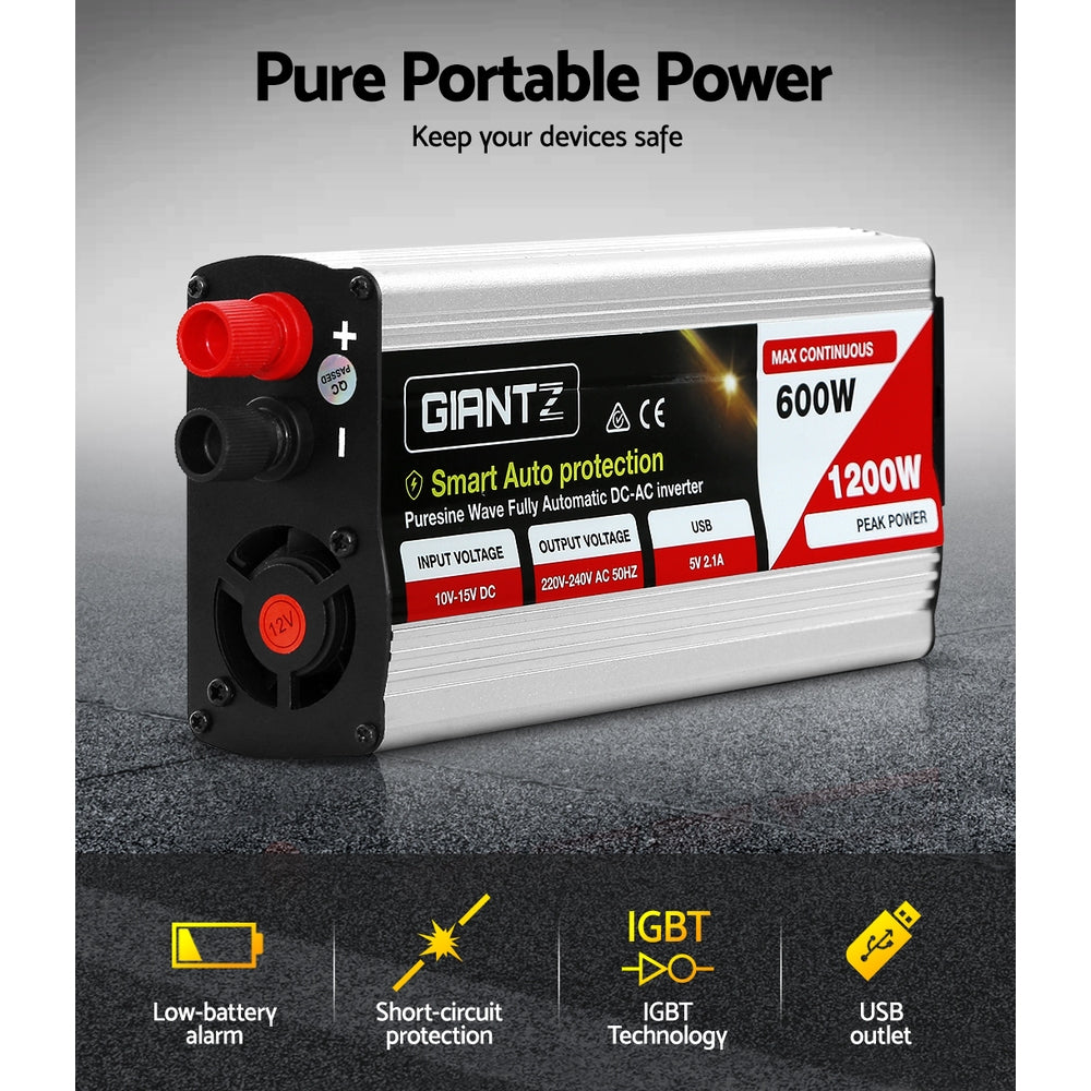 Giantz 600W/1200W Pure Sine Wave Inverter 12V to 240V Camping Car Boat