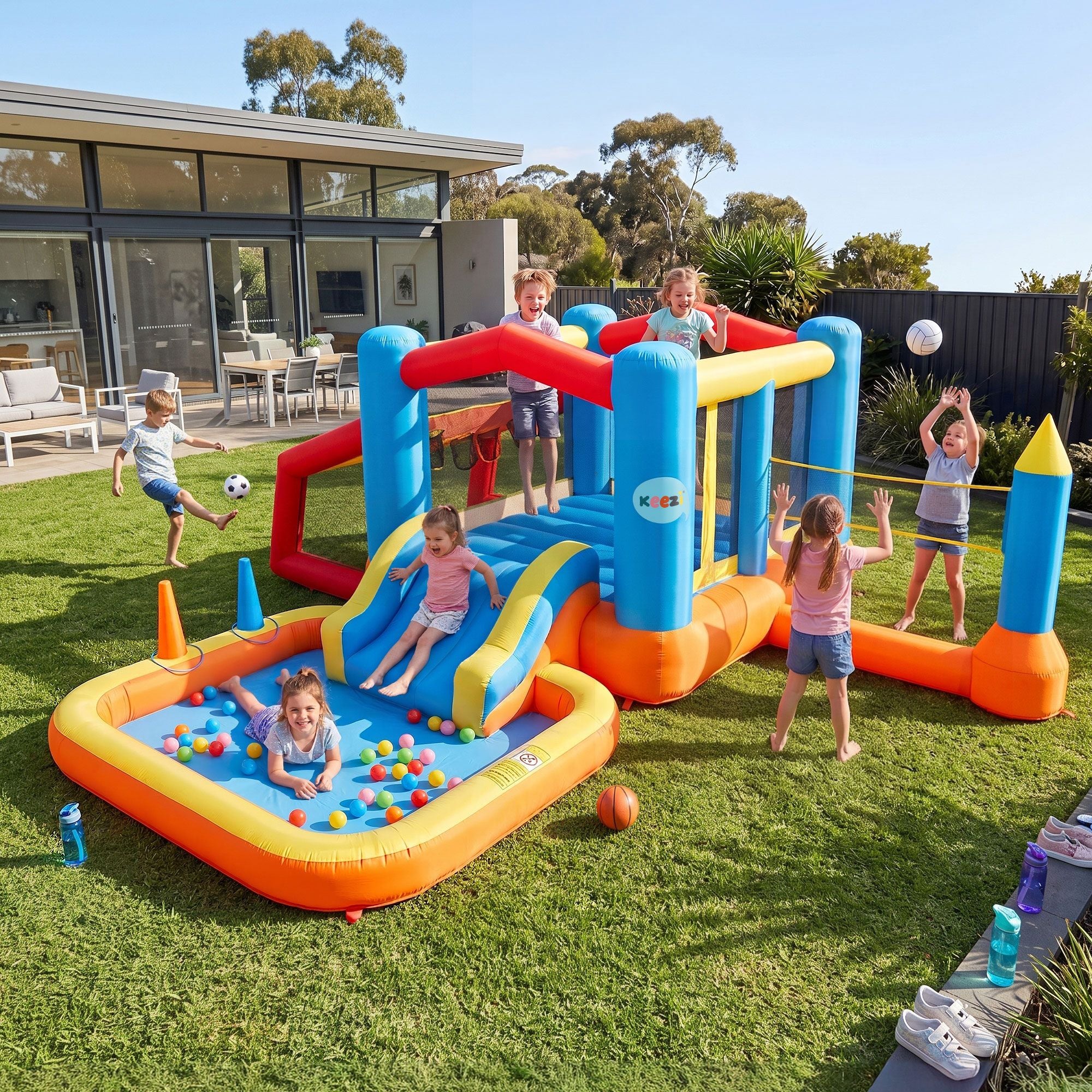 Keezi Inflatable Kids Pool Play Park Jumping Castle Volleyball Net with Blower Balls 4mx4.37m