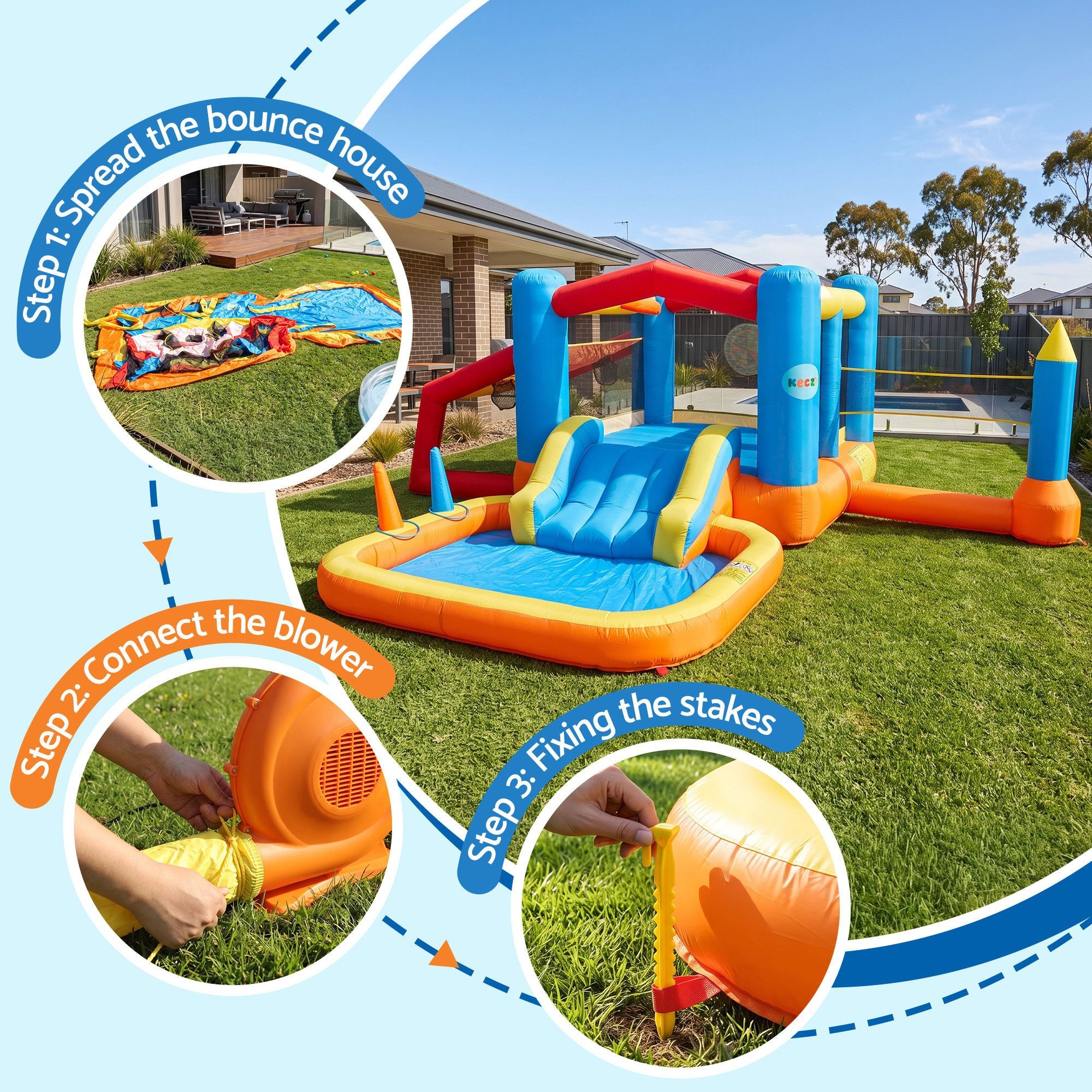 Keezi Inflatable Kids Pool Play Park Jumping Castle Volleyball Net with Blower Balls 4mx4.37m