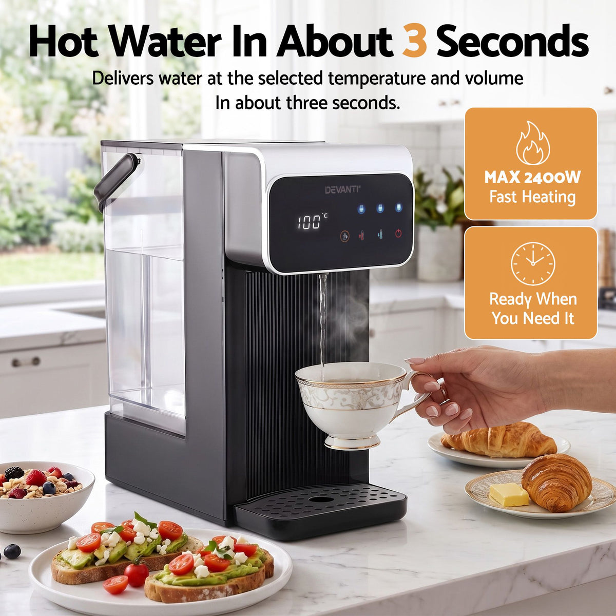Devanti Instant Hot Water Dispenser 3L Heating Kettle 2400W Touch Control Water Black