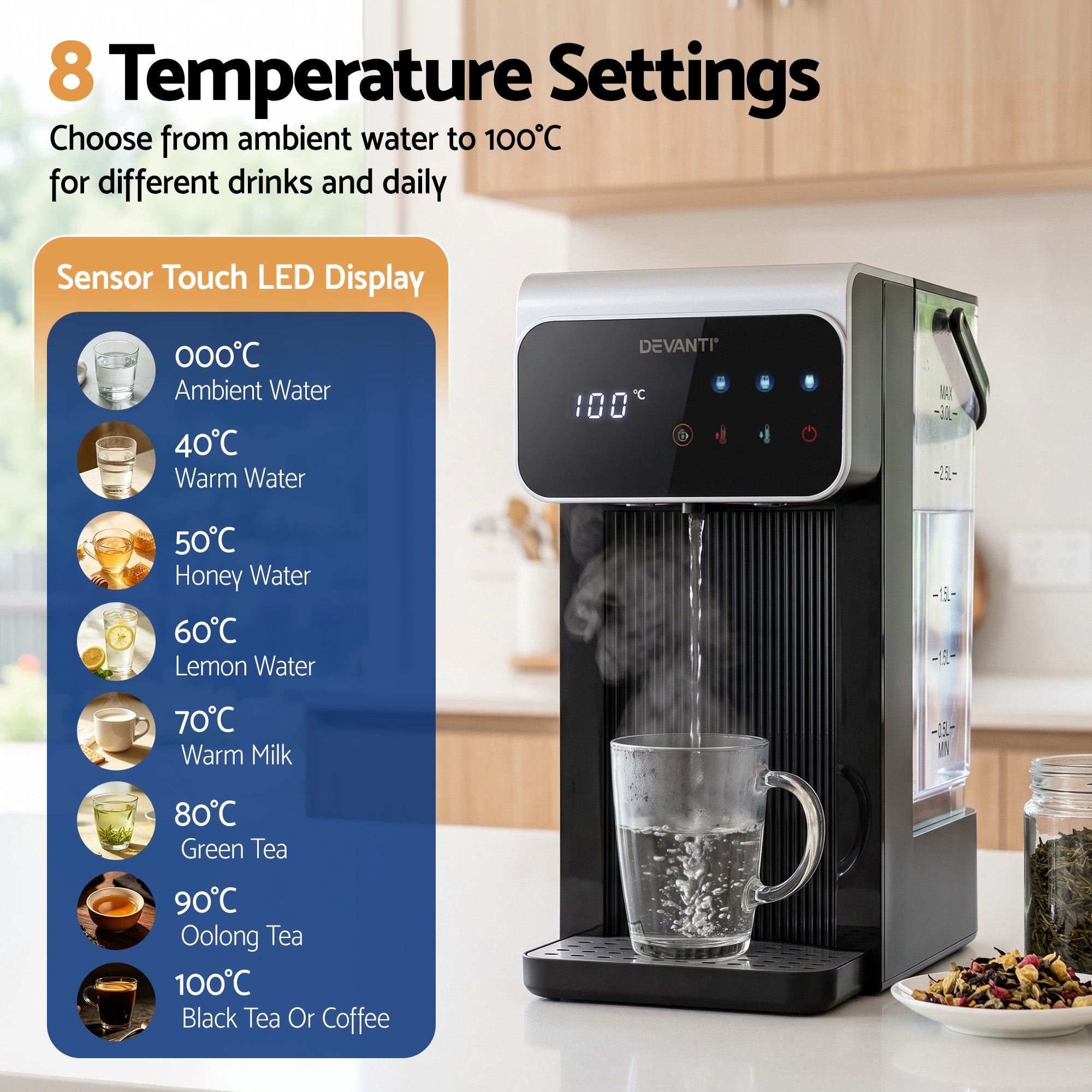 Devanti Instant Hot Water Dispenser 3L Heating Kettle 2400W Touch Control Water Black