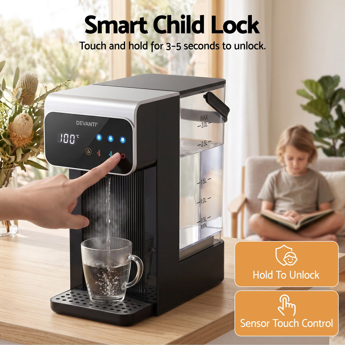 Devanti Instant Hot Water Dispenser 3L 2400W Black