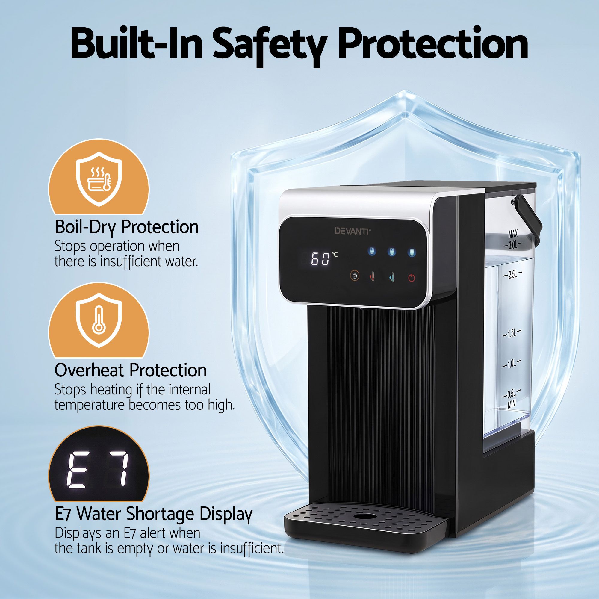Devanti Instant Hot Water Dispenser 3L Heating Kettle 2400W Touch Control Water Black