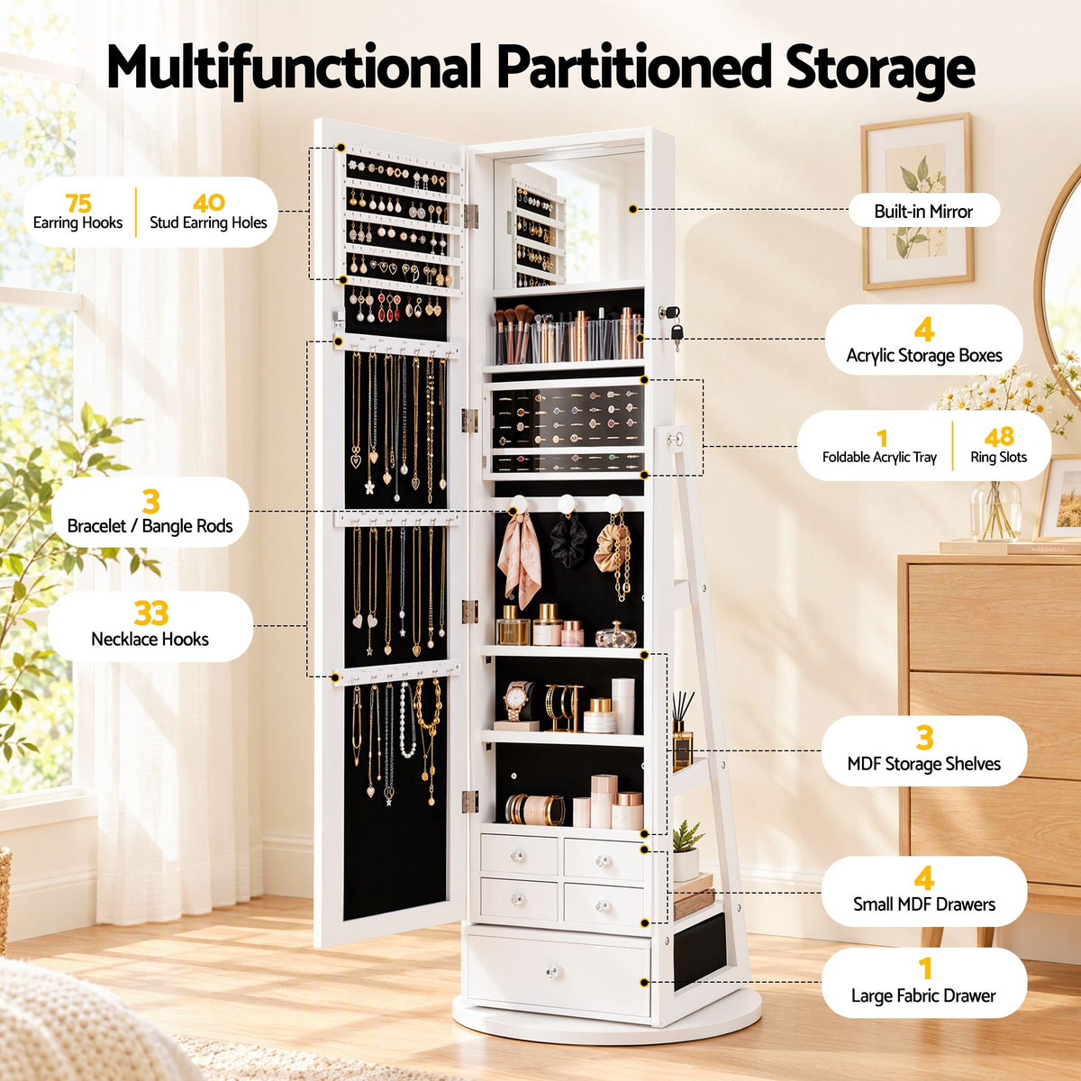 Artiss 360° Rotating Jewelry Cabinet Full Length Mirror, White
