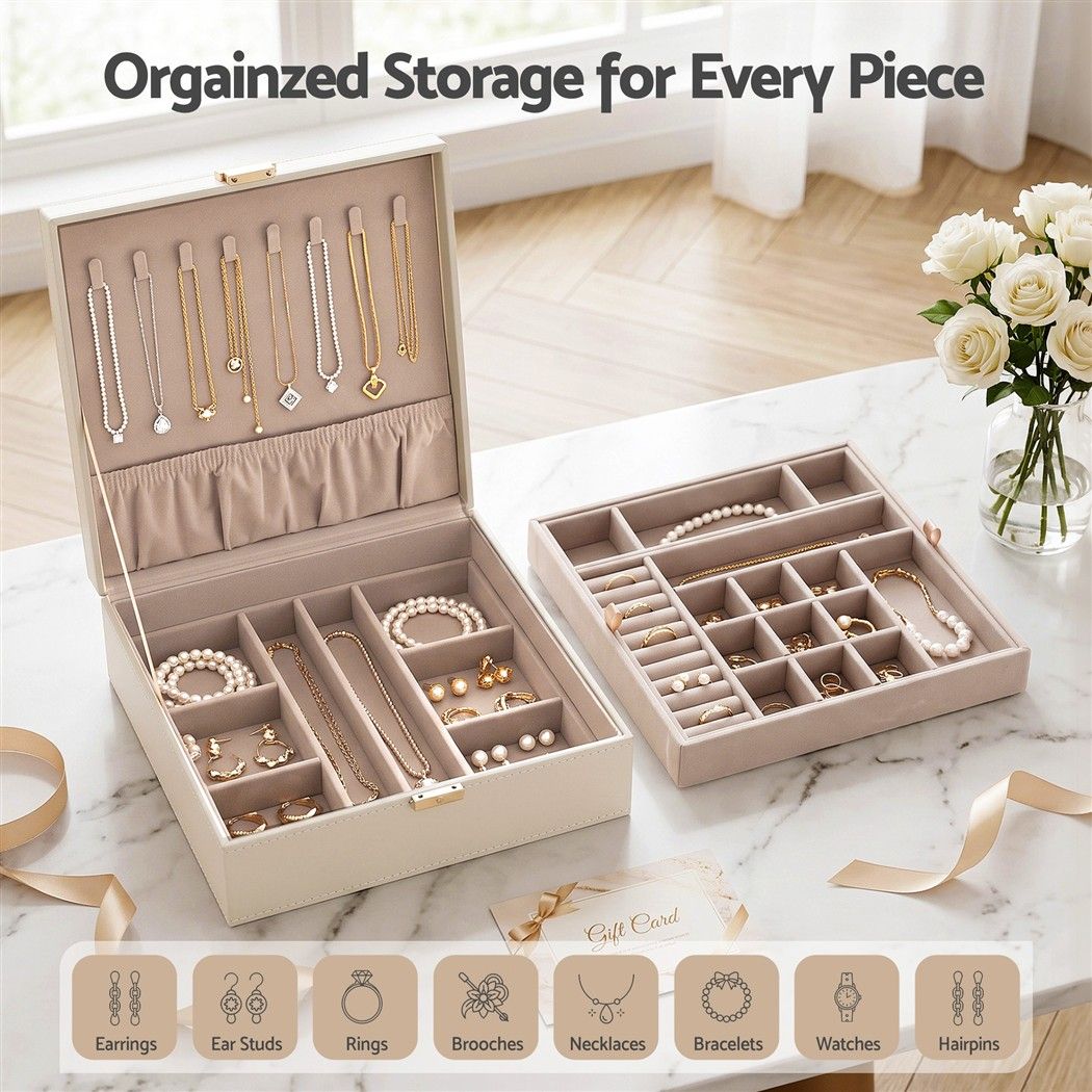 Embellir Jewellery Box 2 Layer Storage Organiser Leather Display White