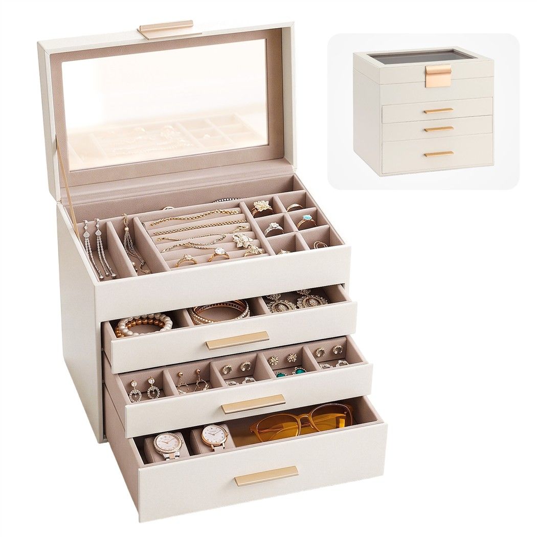 Embellir Jewellery Box 4 Layer Organiser Storage Case Glass Lid Drawers White