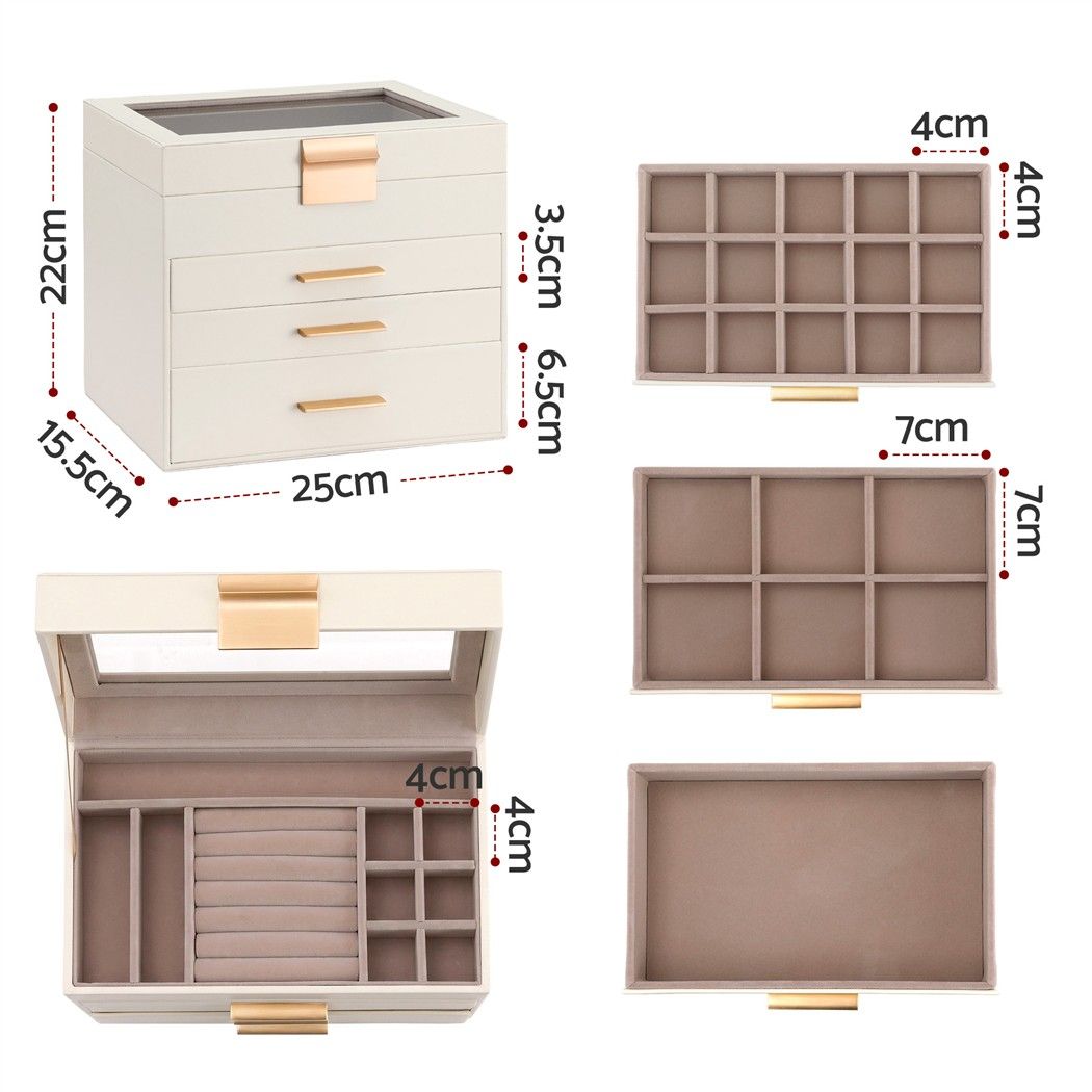 Embellir Jewellery Box 4 Layer Organiser Storage Case Glass Lid Drawers White