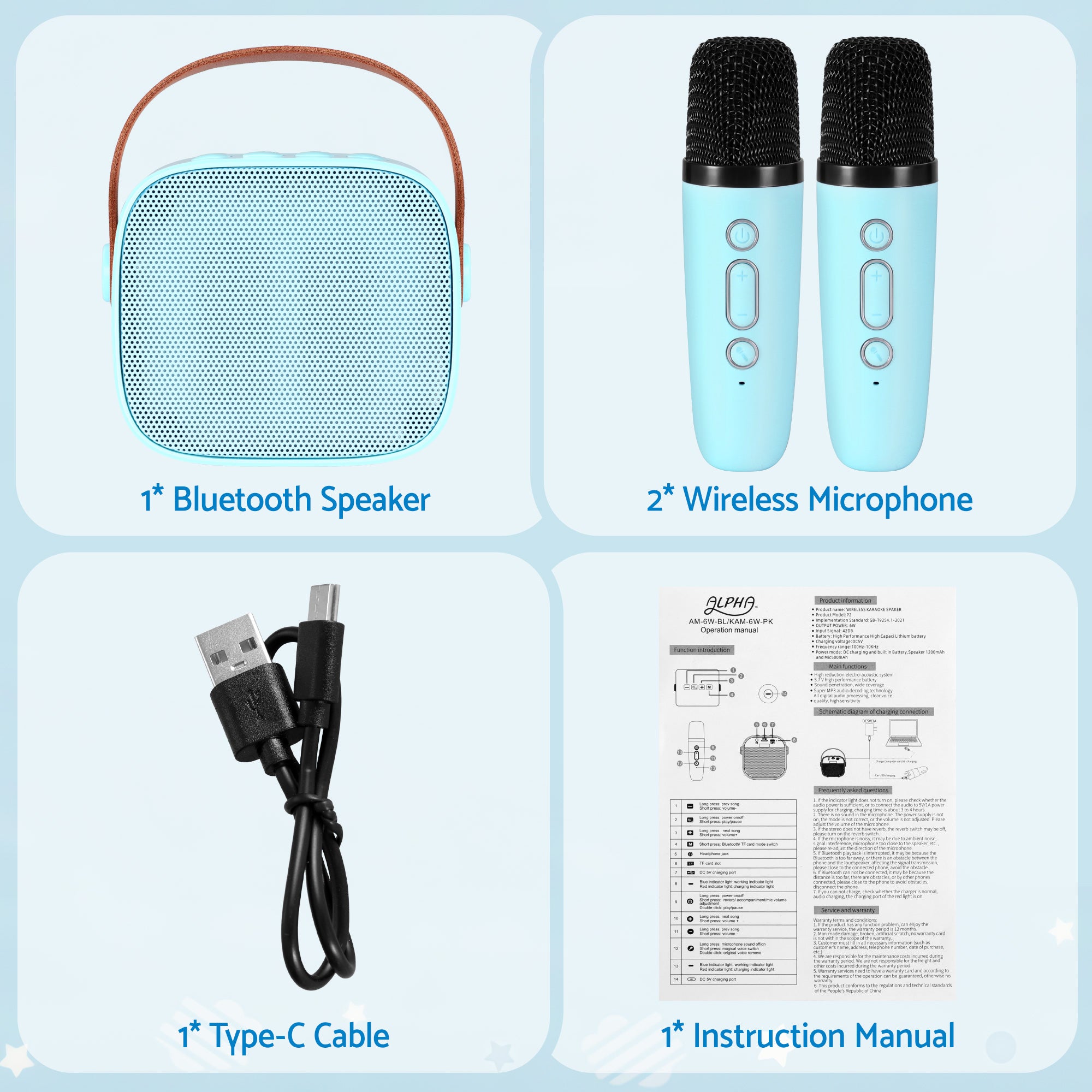 Alpha Mini Portable Karaoke Machine for Adults Kids with 2 Wireless Microphones