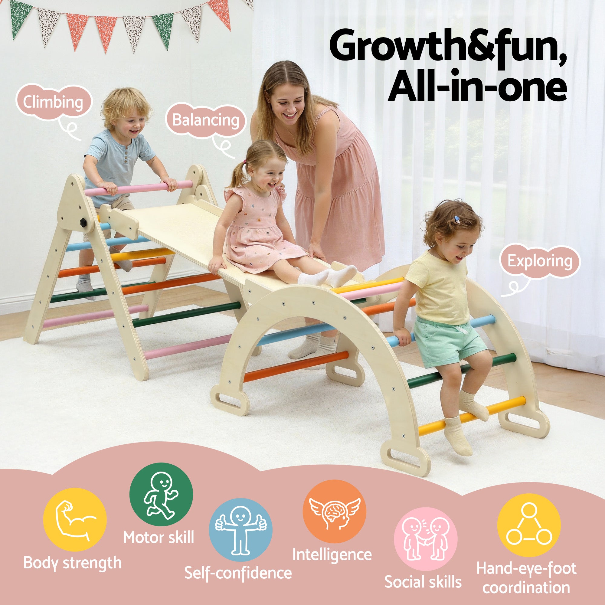 Keezi Kids Triangle Climbing Toys Set With Slide Indoor Outdoor Toddler Toys Pikler Climber With Arch