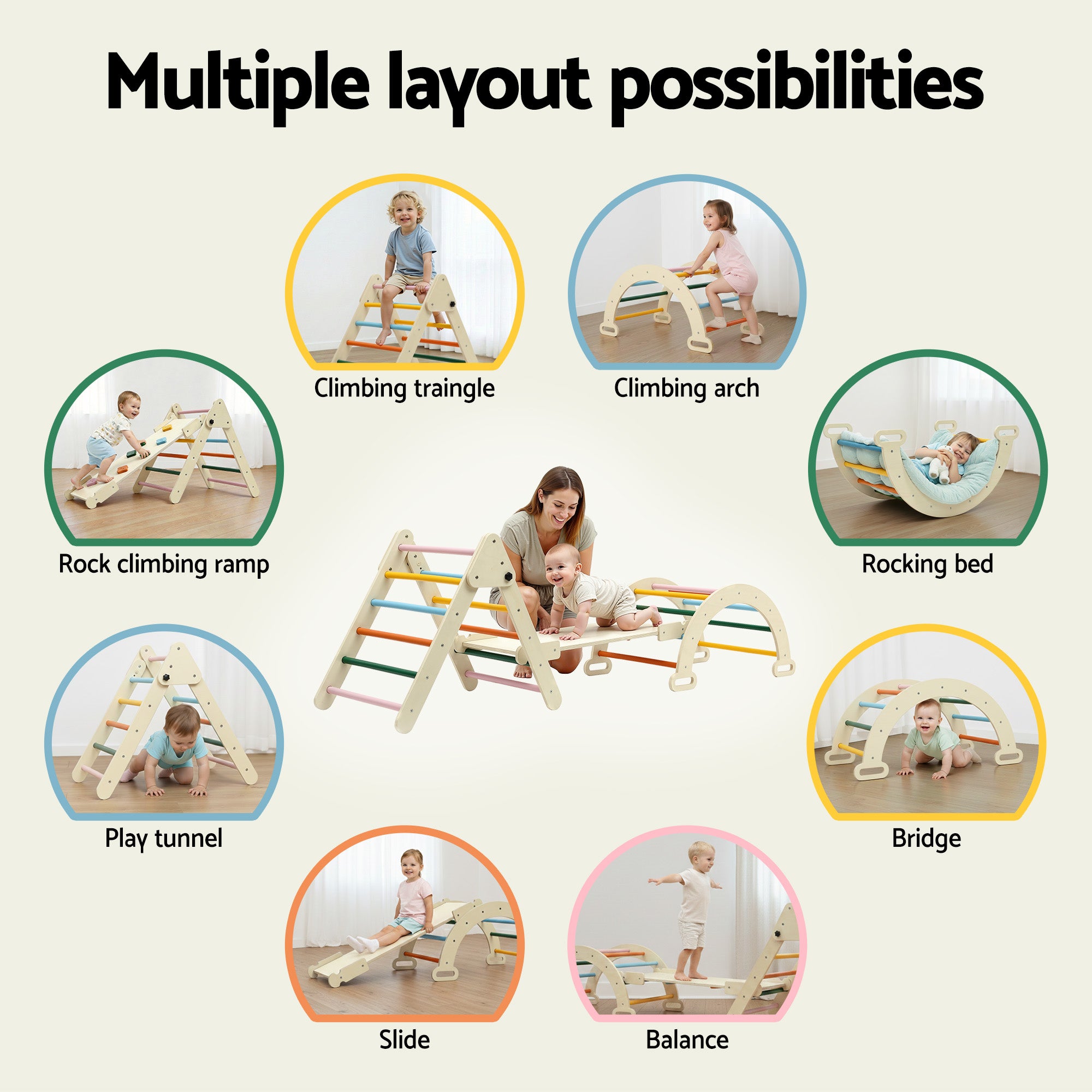 Keezi Kids Triangle Climbing Toys Set With Slide Indoor Outdoor Toddler Toys Pikler Climber With Arch