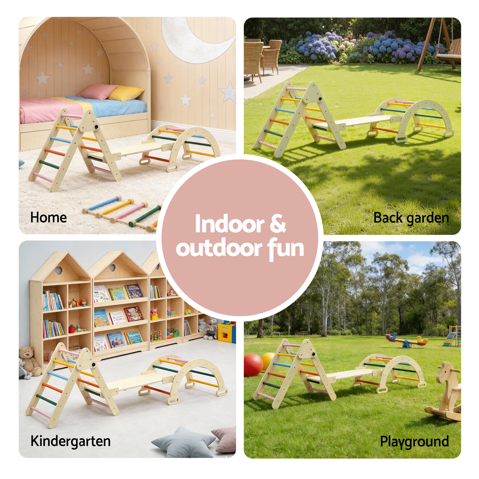 Keezi Kids Triangle Climbing Toys Set With Slide Indoor Outdoor Toddler Toys Pikler Climber With Arch