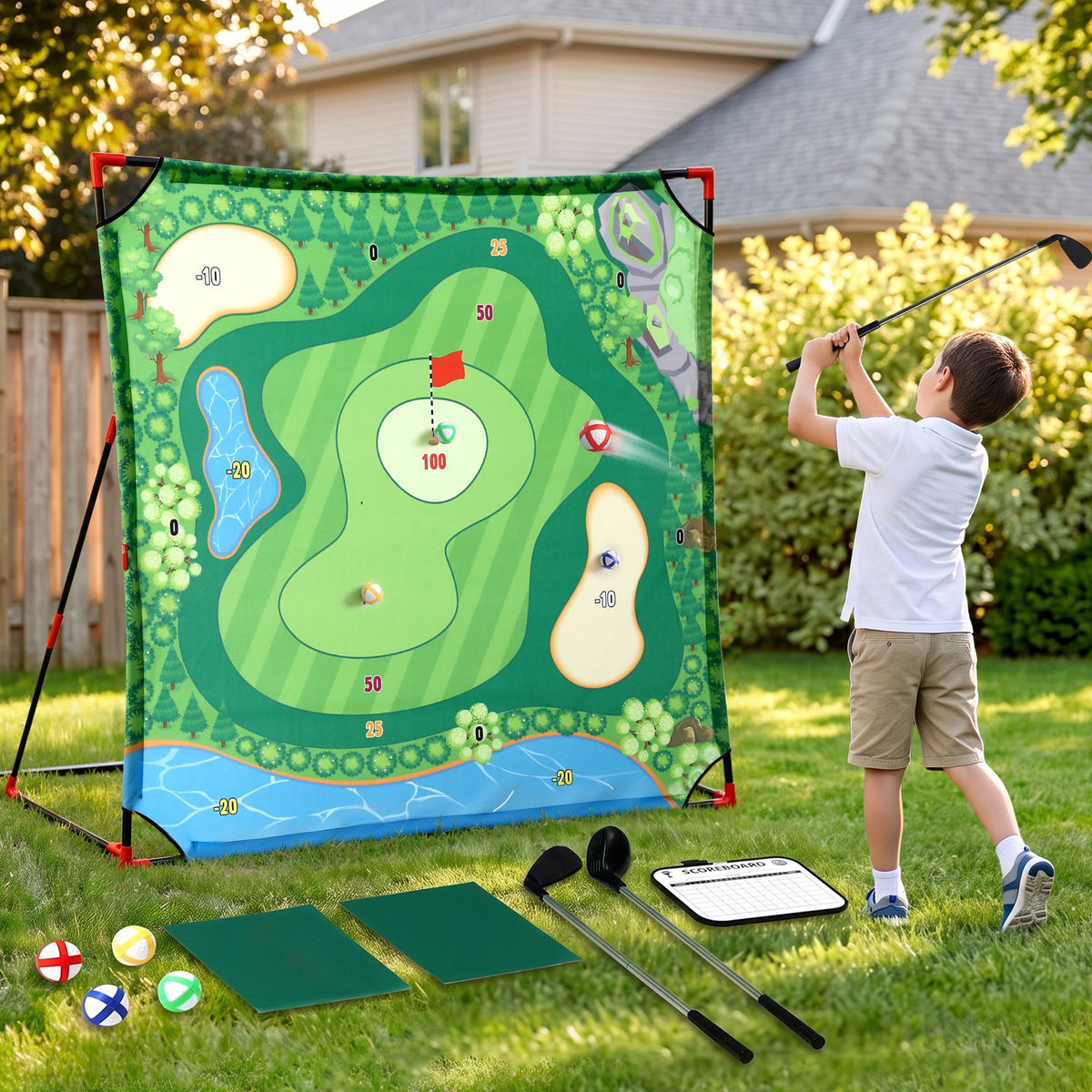 Keezi Kids Golf Chipping Game Set, 24 Sticky Balls and 2 Hitting Mats