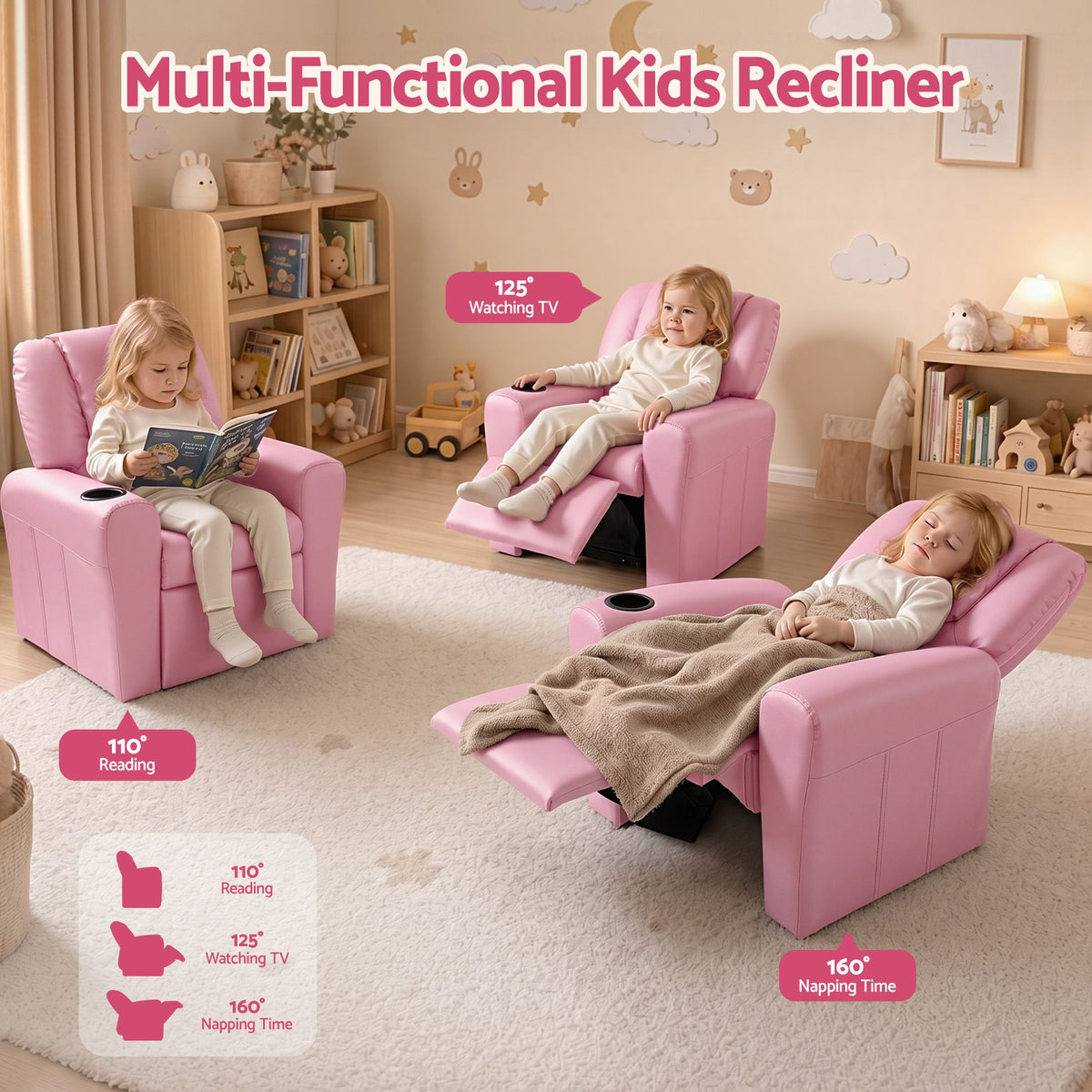 Keezi Kids Pink Recliner Chair PU Leather Lounge Couch