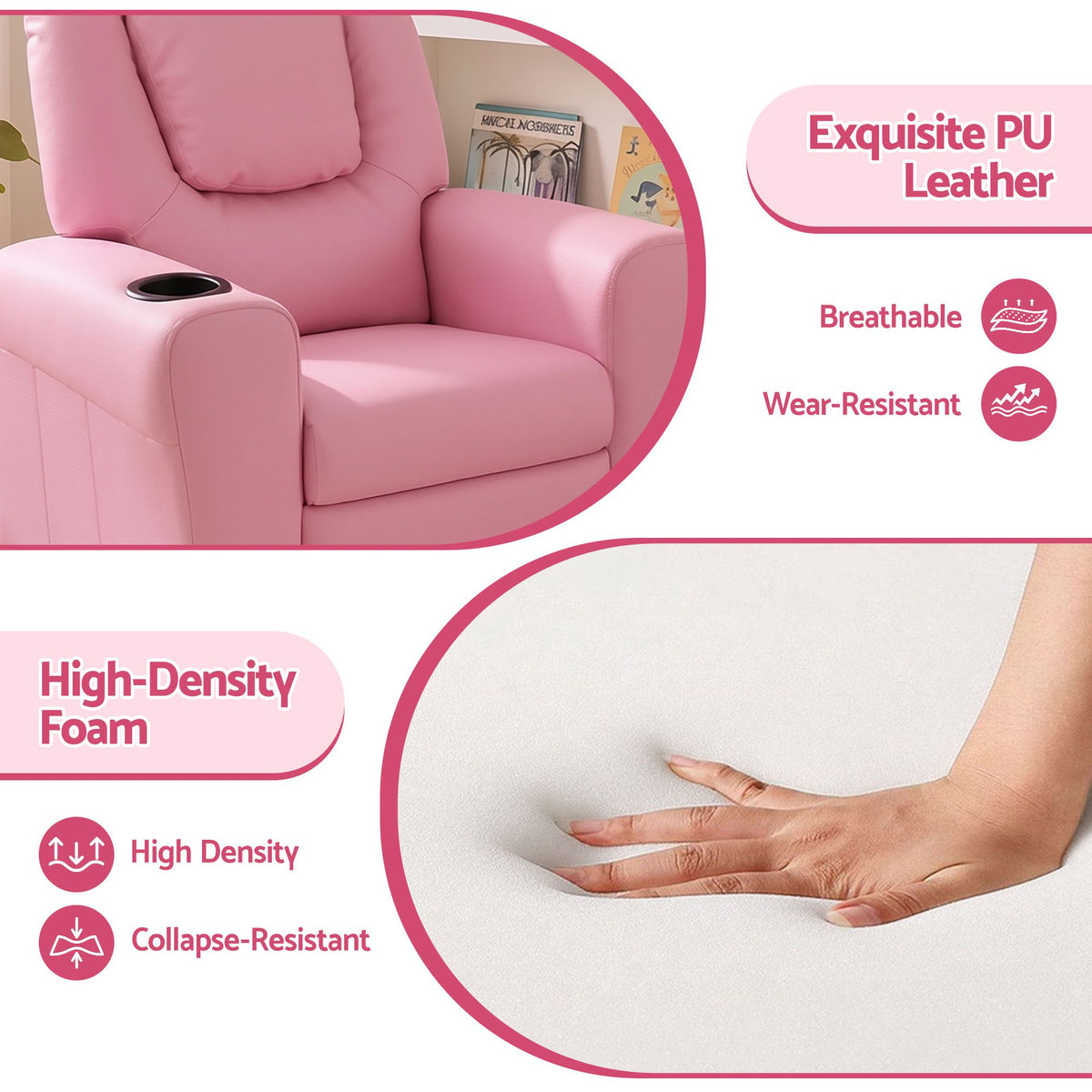 Keezi Kids Pink Recliner Chair PU Leather Lounge Couch