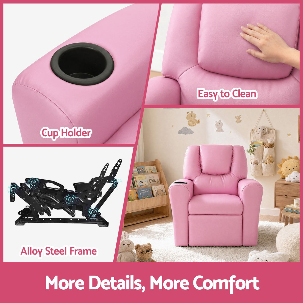 Keezi Kids Pink Recliner Chair PU Leather Lounge Couch
