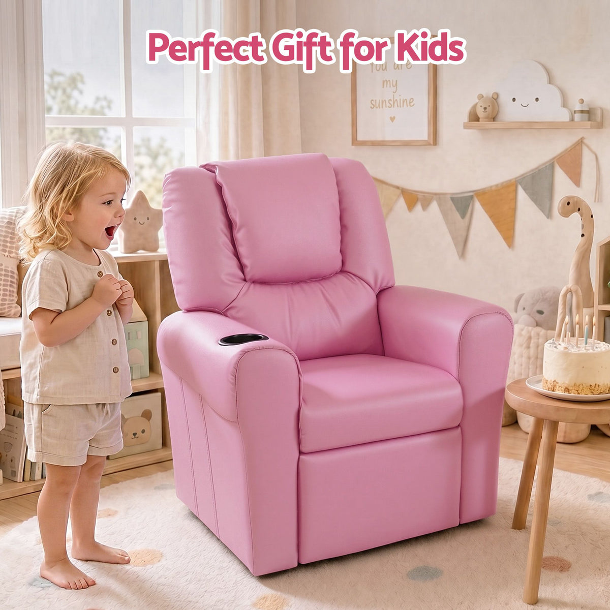 Keezi Kids Pink Recliner Chair PU Leather Lounge Couch