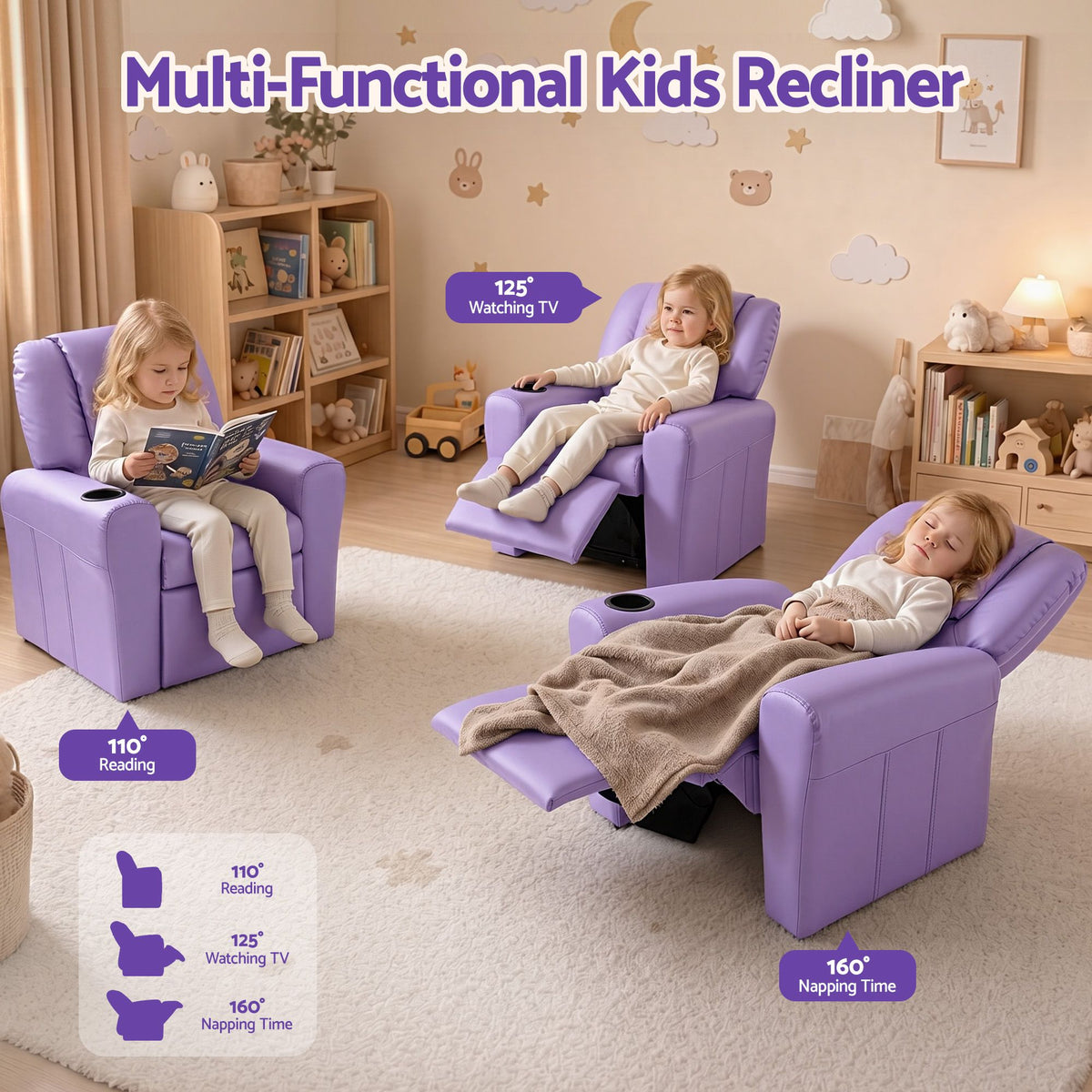 Keezi Kids Recliner Chair PU Leather Lounge Couch Purple