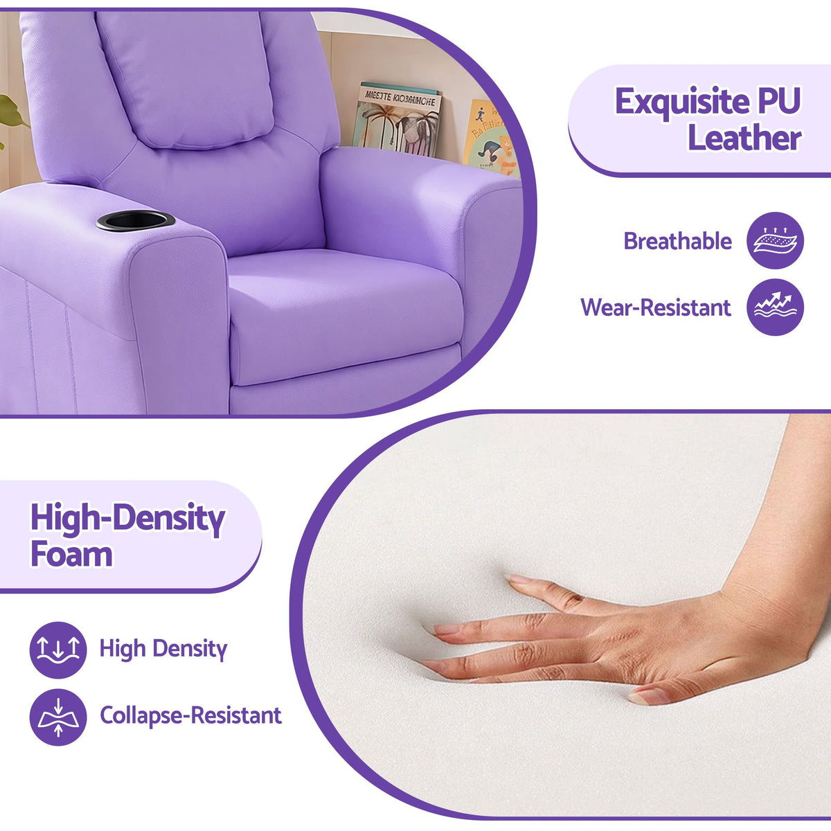 Keezi Kids Recliner Chair PU Leather Lounge Couch Purple