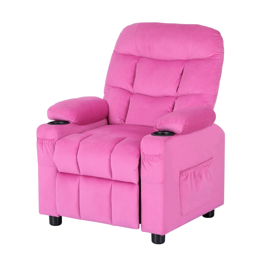 Pink Velvet Kids Recliner with Storage, 65kg Capacity - Keezi