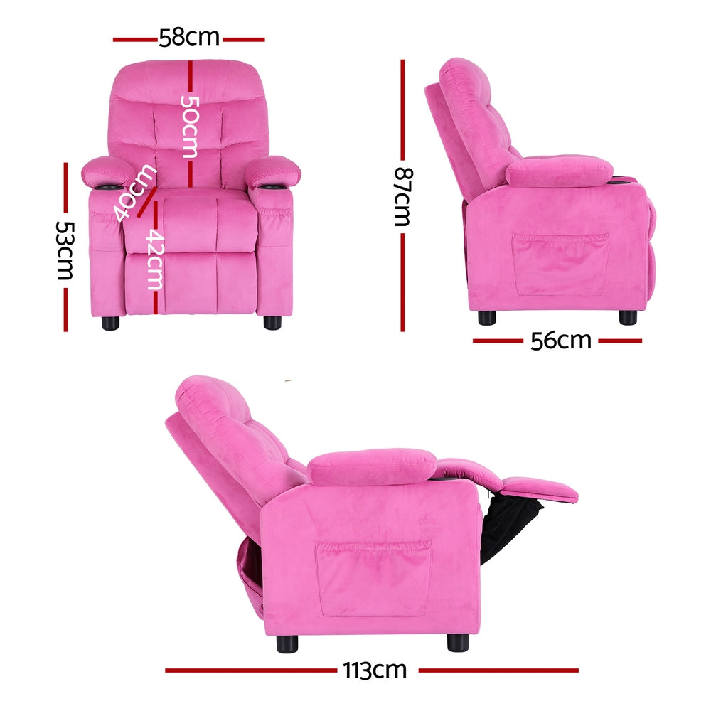 Pink Velvet Kids Recliner with Storage, 65kg Capacity - Keezi