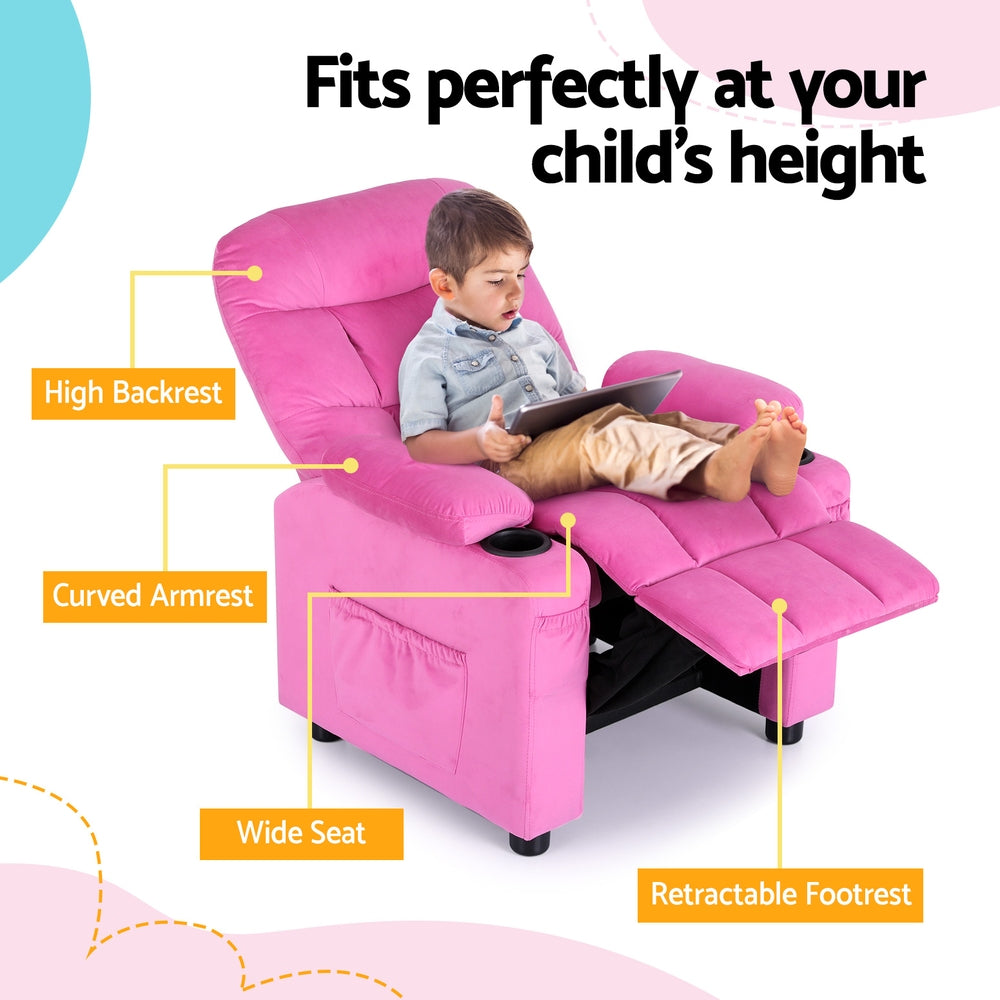 Pink Velvet Kids Recliner with Storage, 65kg Capacity - Keezi