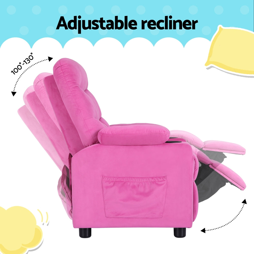 Pink Velvet Kids Recliner with Storage, 65kg Capacity - Keezi