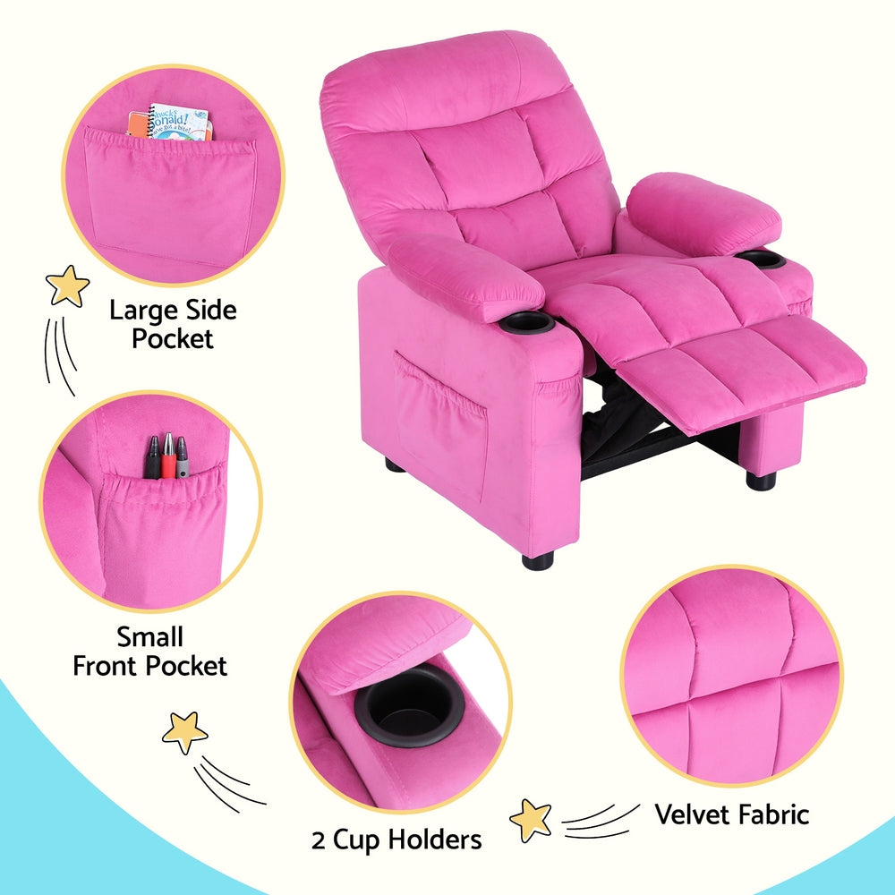 Pink Velvet Kids Recliner with Storage, 65kg Capacity - Keezi