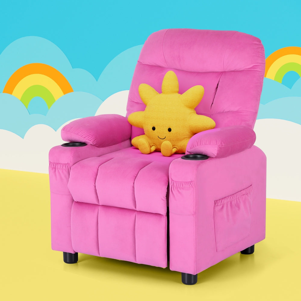 Pink Velvet Kids Recliner with Storage, 65kg Capacity - Keezi